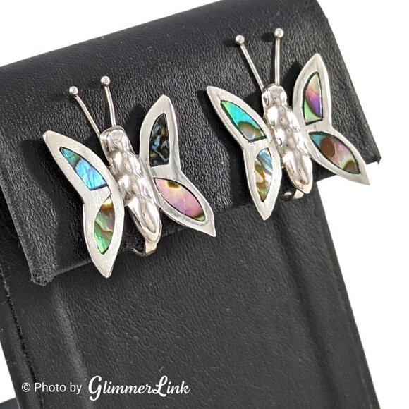 Vintage 925 Sterling Silver Abalone Shell Butterfly Screw Back Earrings - Picture 1 of 8
